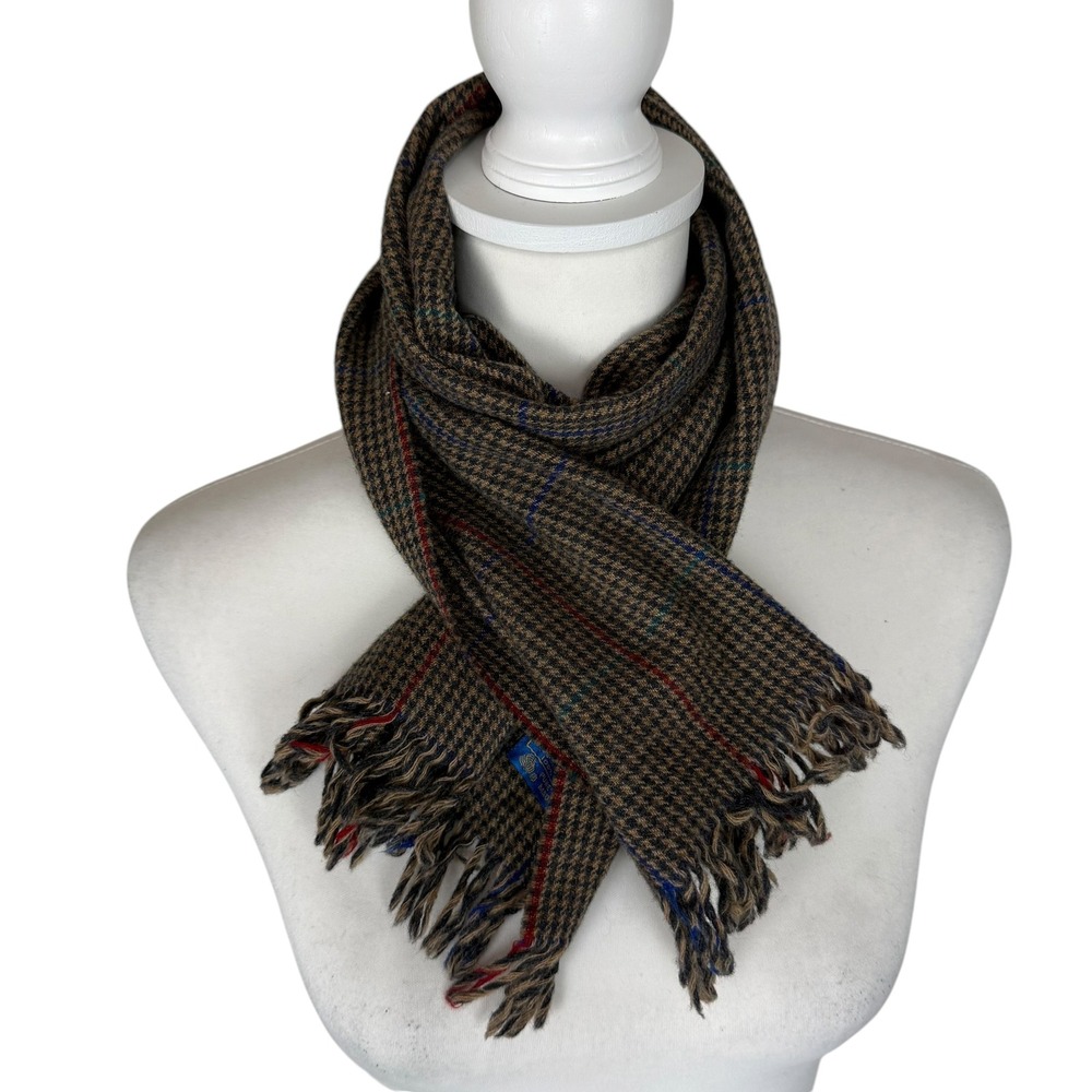 Pendleton Wool Scarf Brown Houndstooth Windowpane Plaid Made in USA Fringed